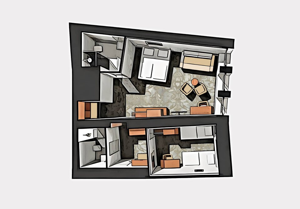 Grundriss Familien Suite mit 2 Schlafzimmern und 2 Badezimmern